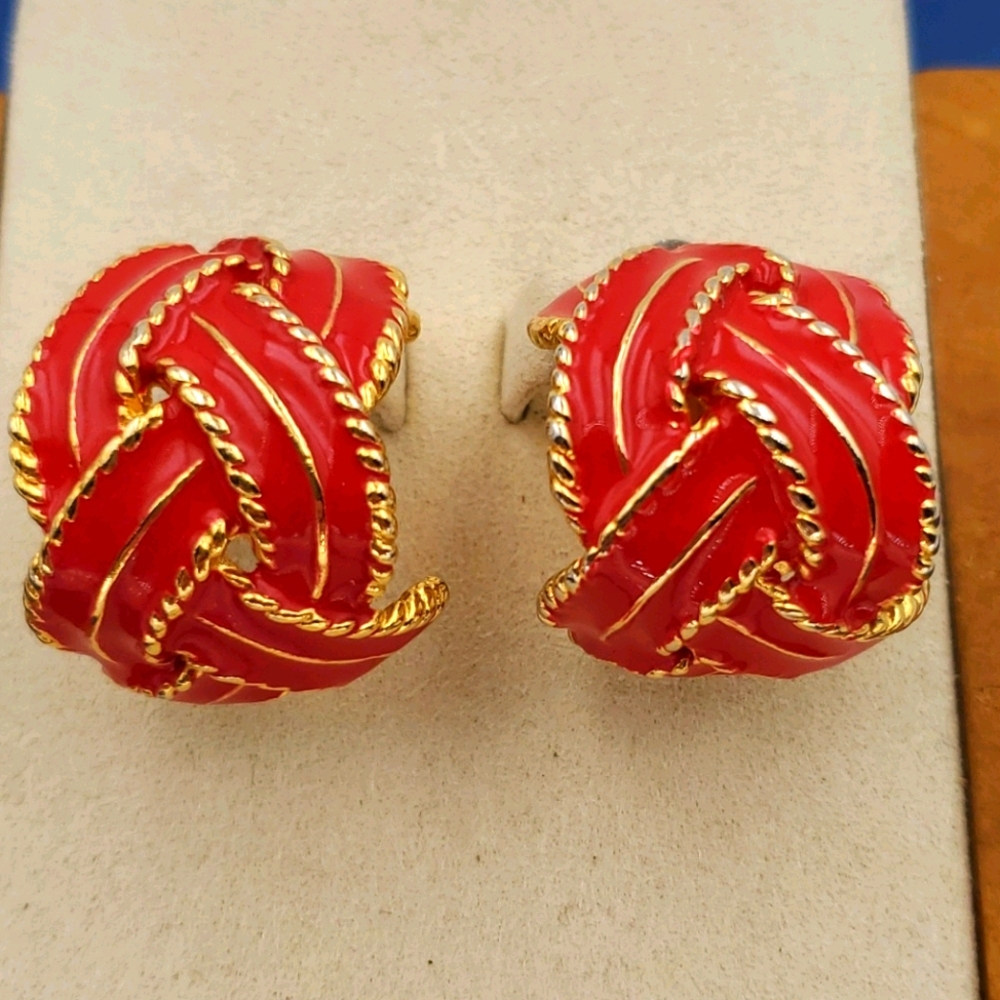 Red & Gold Tone Braided Clip On Earrings